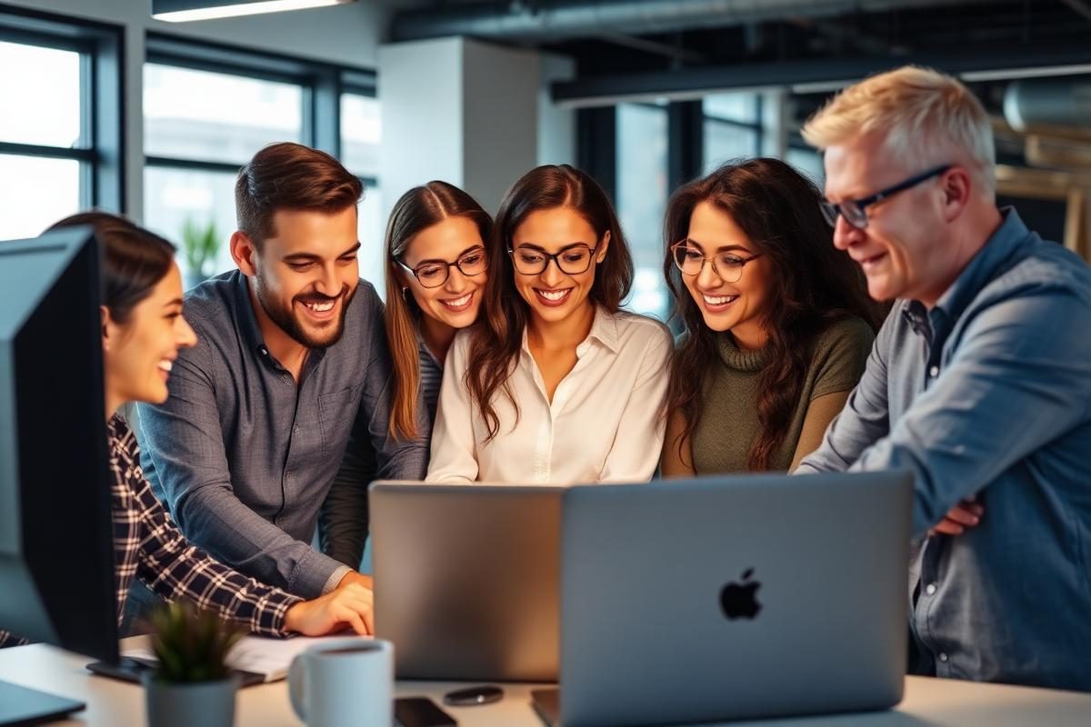 EBS IT team of developers and designers collaborating in a modern office