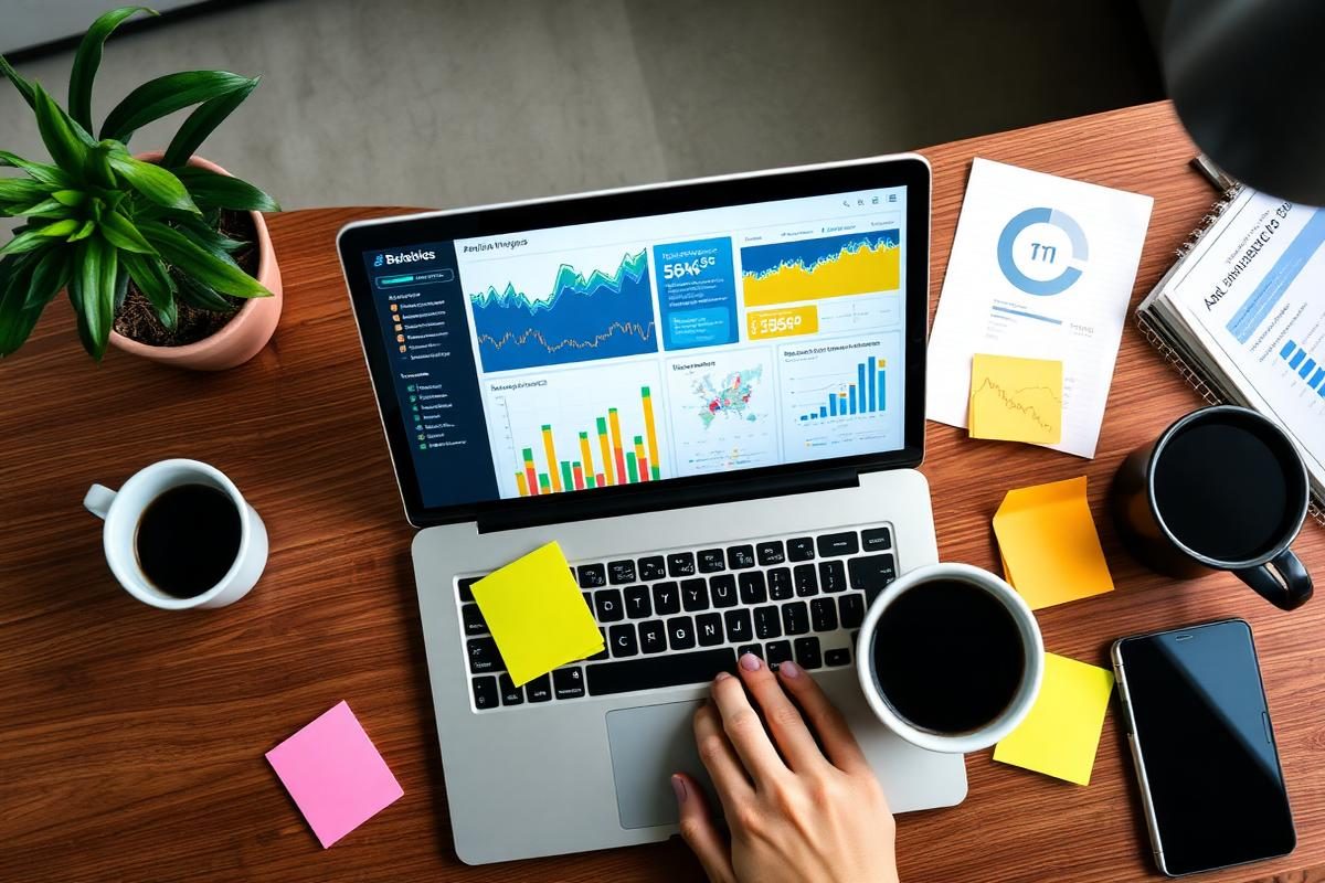 Business analytics dashboard visualising software, e-commerce and security KPIs