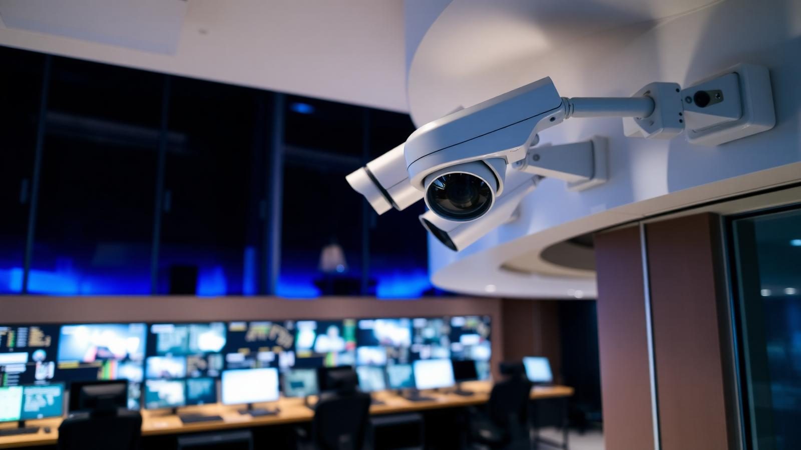 IP CCTV camera mounted at a modern office entrance